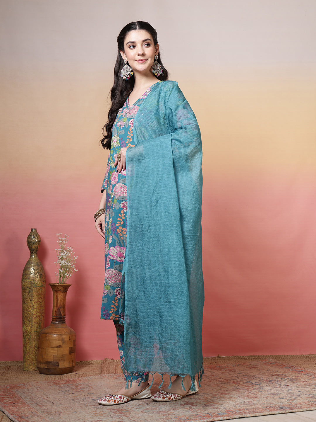 Embroidered Cotton Kurta With Pant &amp; Dupatta