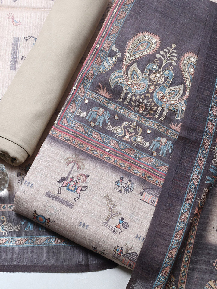 Embroidered Chanderi Unstitched Suit With Pant &amp; Dupatta