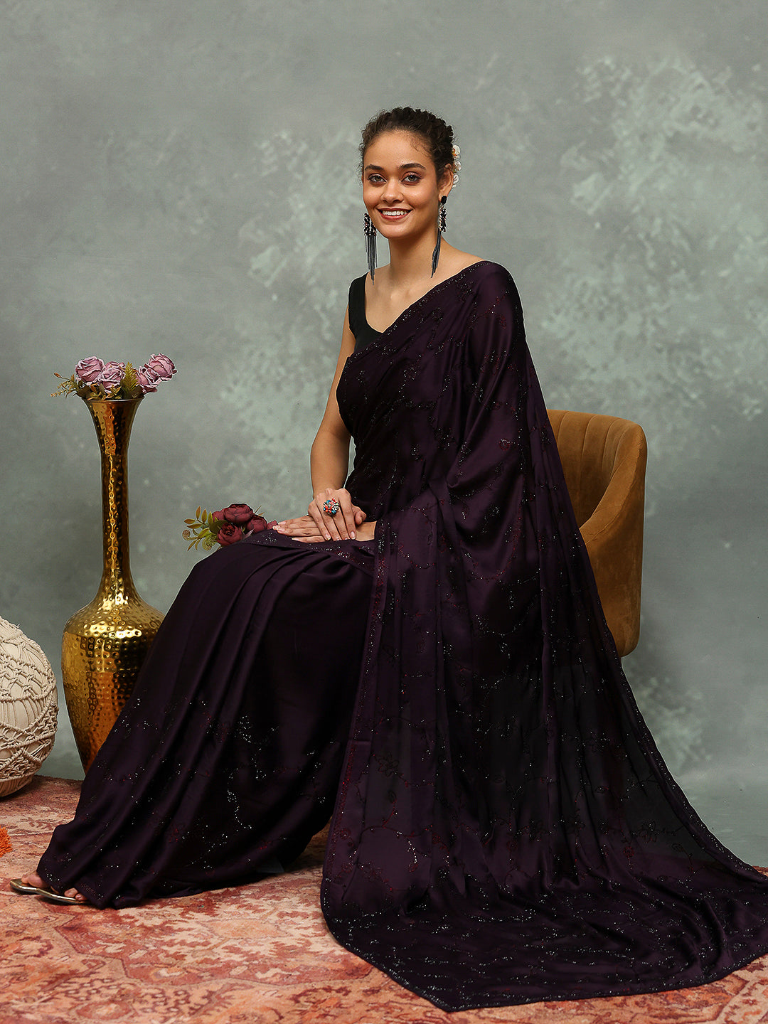 Stone Embroidered Satin Saree