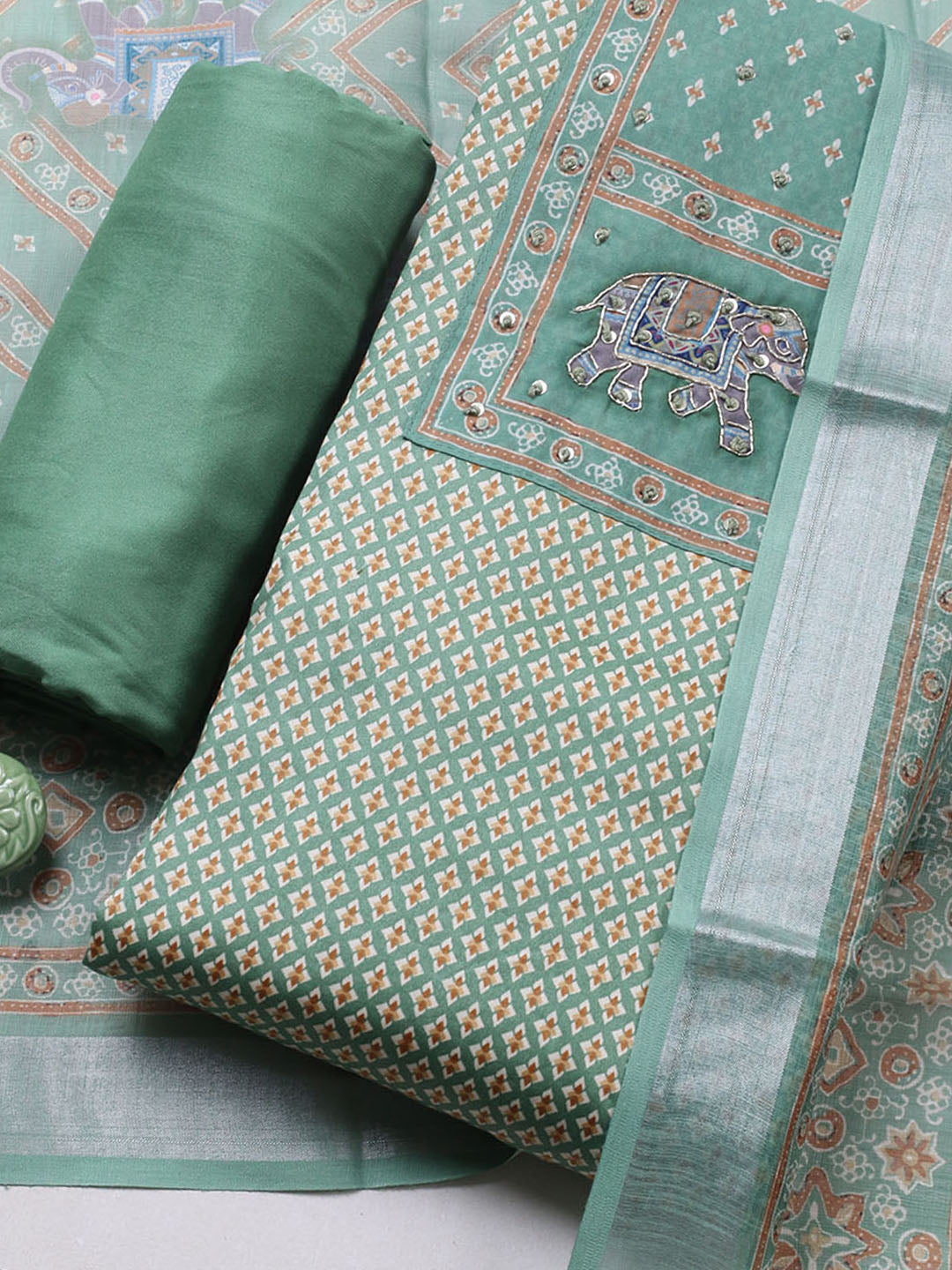 Printed Cotton Blend Unstitched Suit With Pant &amp; Dupatta