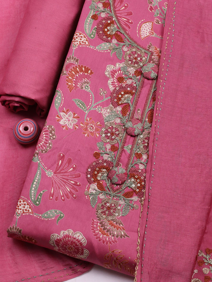 Embroidered Cotton Blend Unstitched Suit With Pant &amp; Dupatta