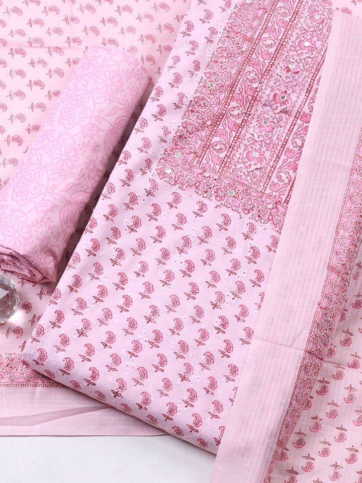 Printed Cotton Blend Unstitched Suit With Pant &amp; Dupatta