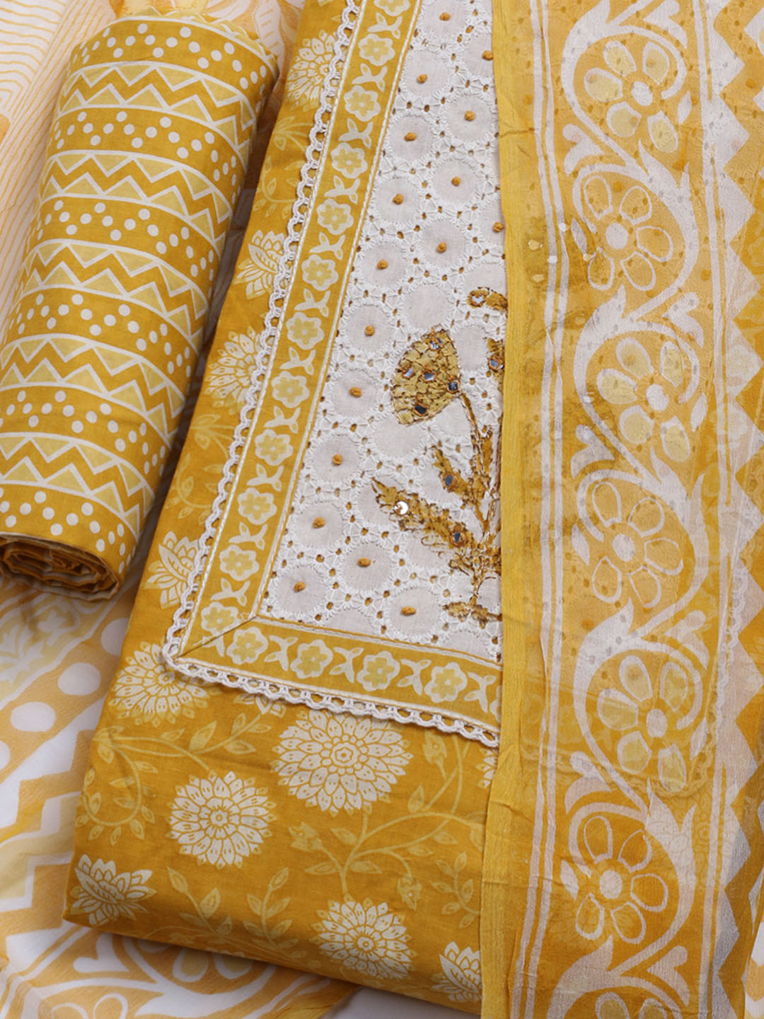 Printed Cotton Blend Unstitched Kurta With Pant &amp; Dupatta