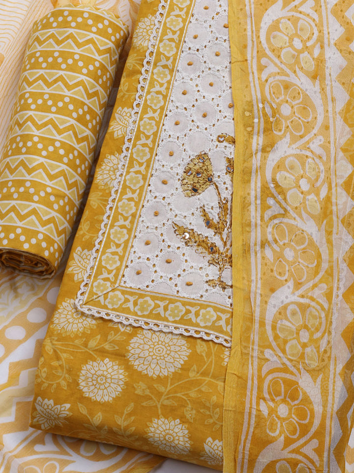 Printed Cotton Blend Unstitched Kurta With Pant &amp; Dupatta