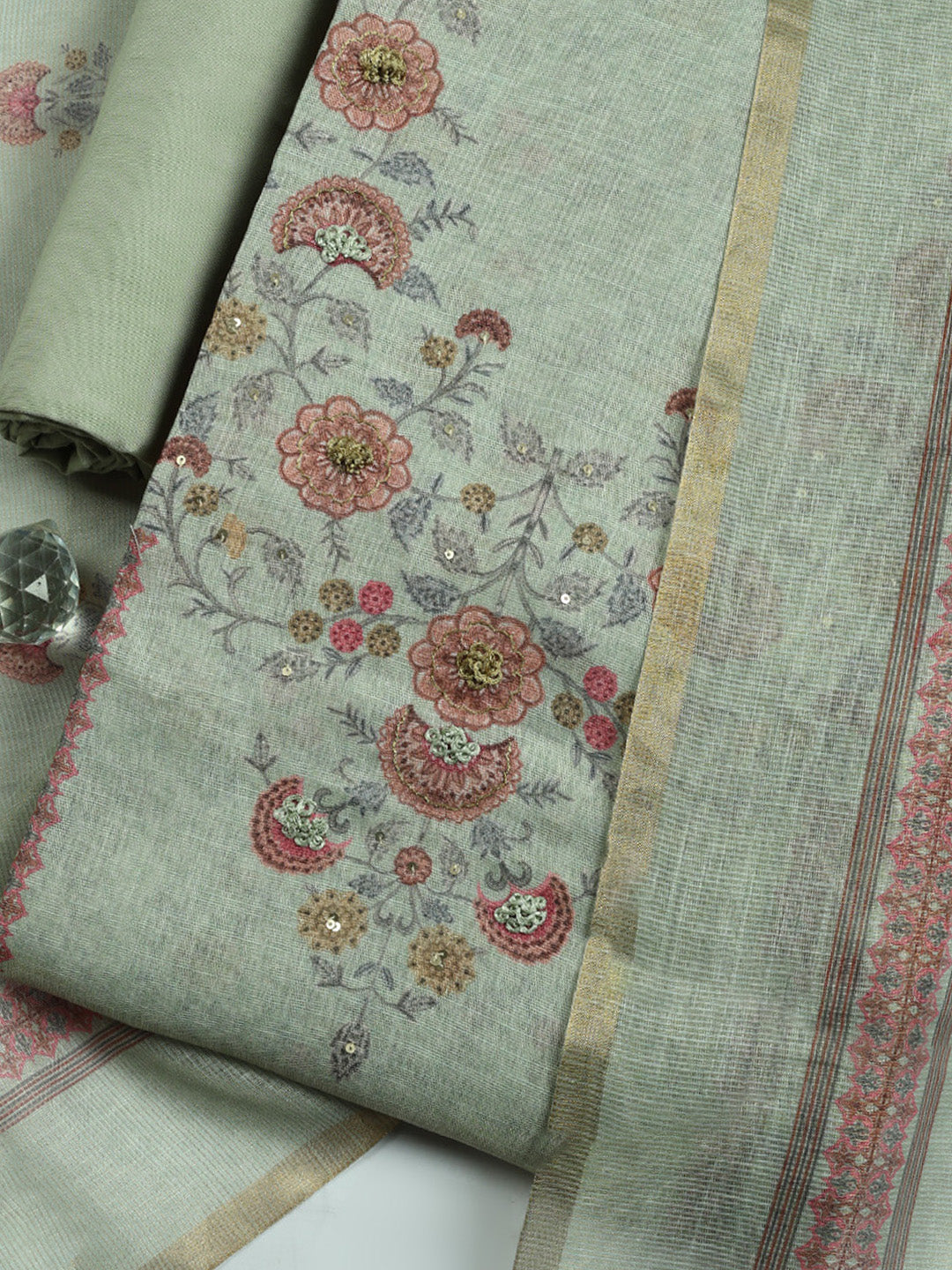 Printed Linen Blend Unstitched Suit With Pant &amp; Dupatta