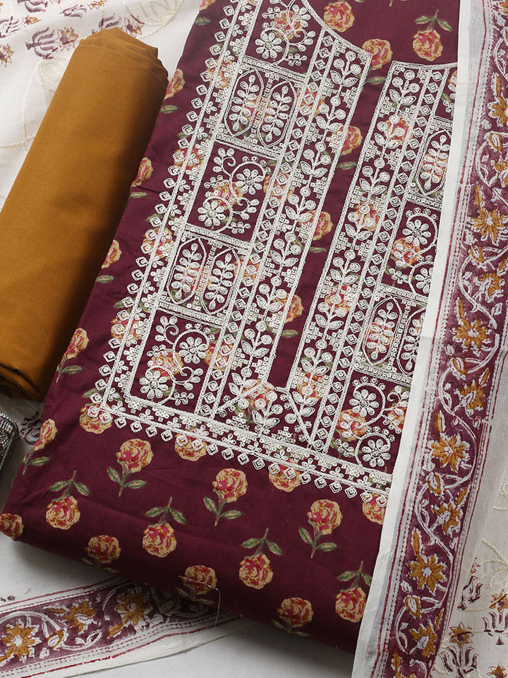Printed Cotton Blend Unstitched Suit With Pant &amp; Dupatta