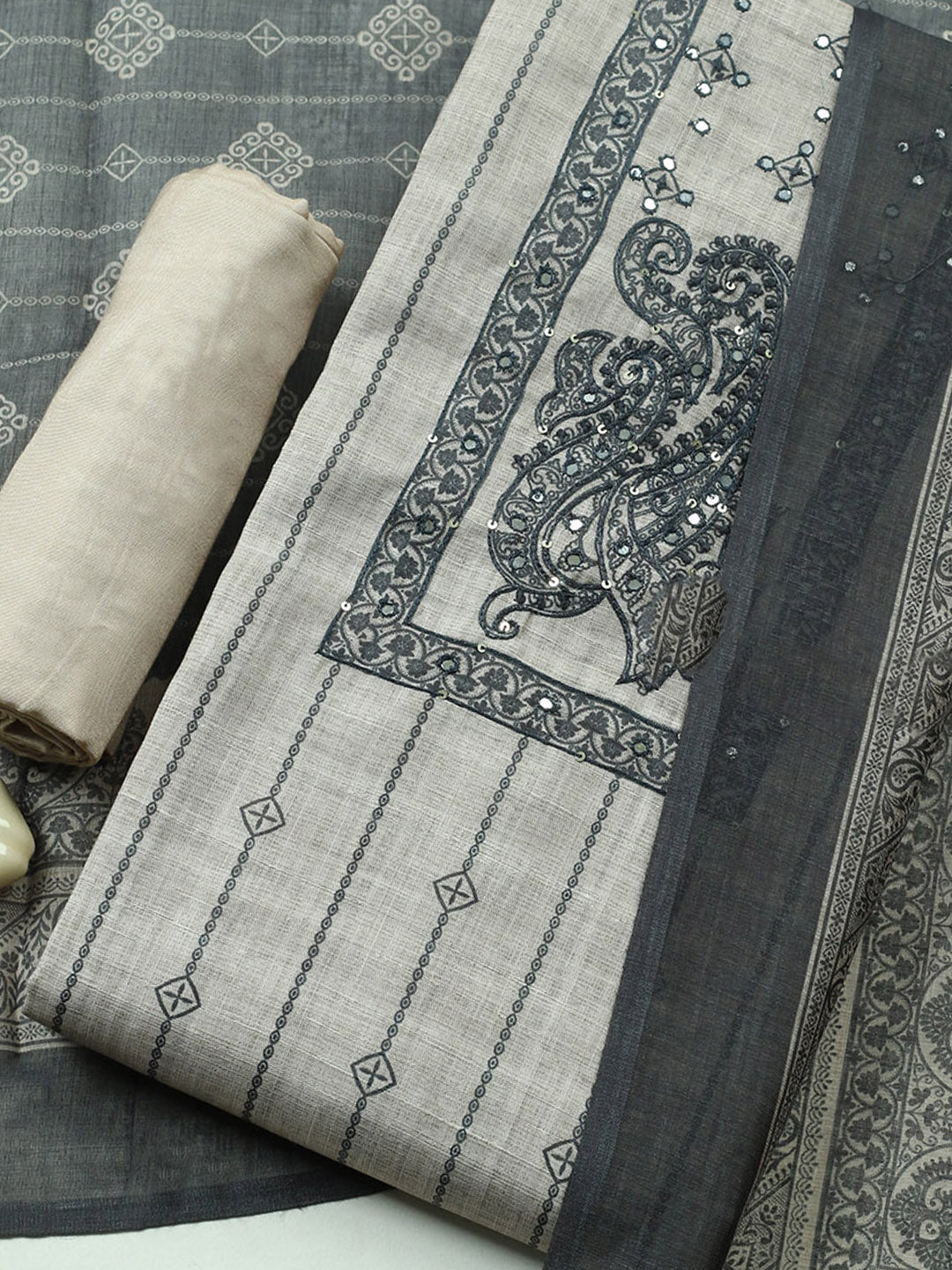Embroidered Cotton Blend Unstitched Suit With Pant &amp; Dupatta