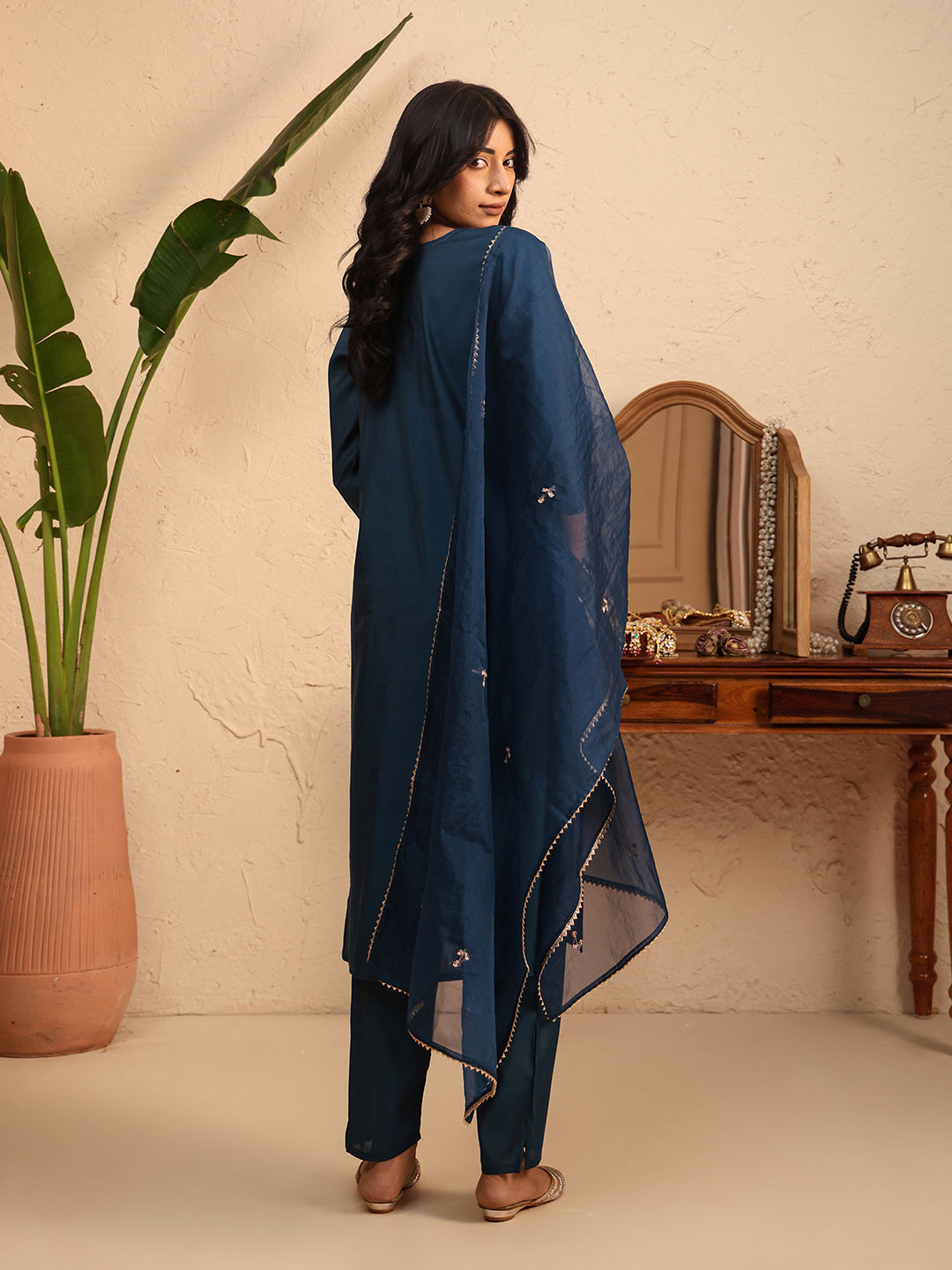 Embroidered Cotton Kurta With Pant &amp; Dupatta