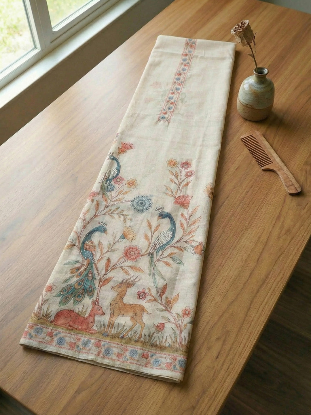 Printed Linen Blend Unstitched Suit With Pant &amp; Dupatta