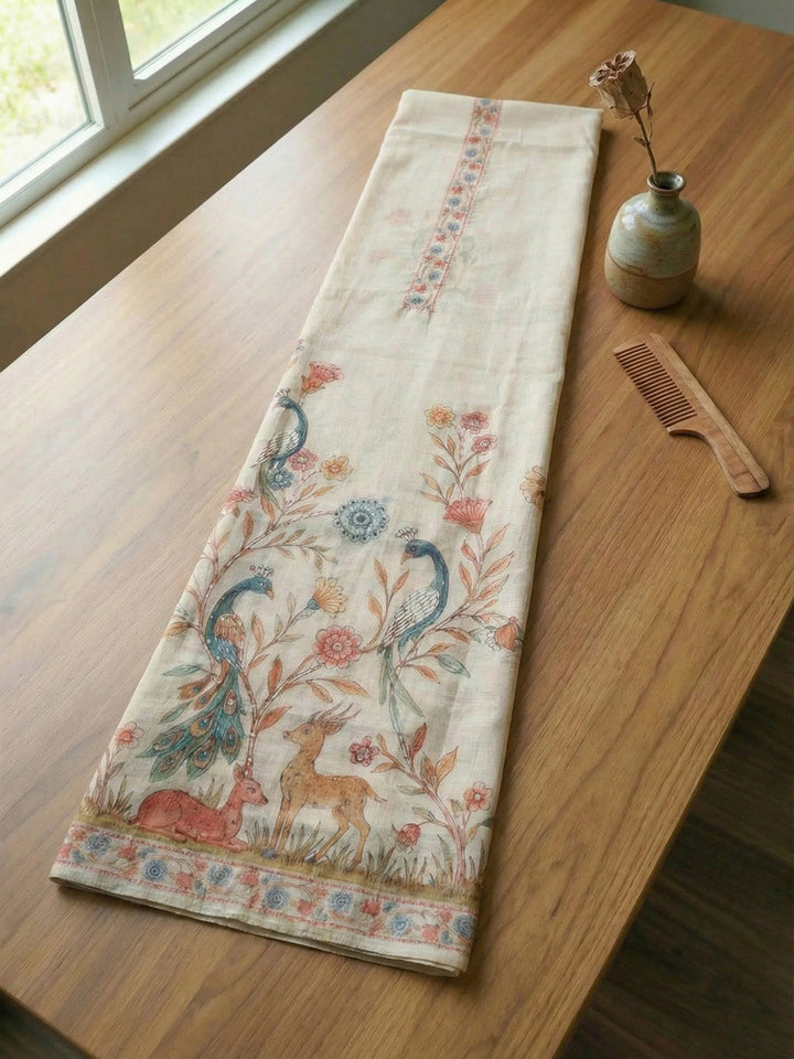 Printed Linen Blend Unstitched Suit With Pant &amp; Dupatta