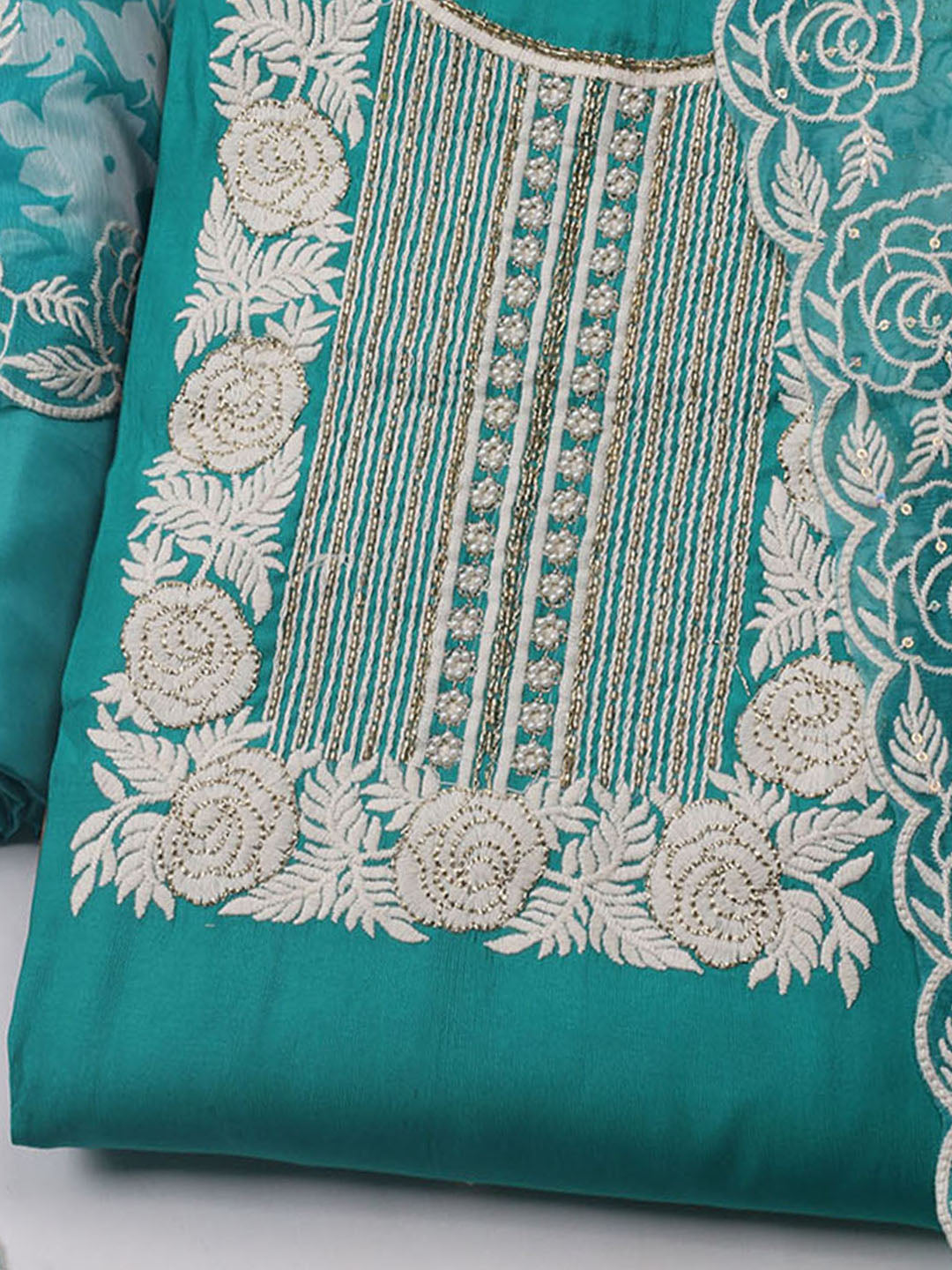 Neck Embroidered Chanderi Unstitched Suit With Dupatta