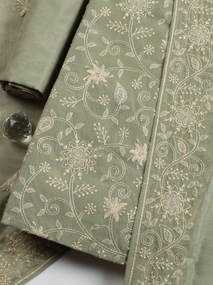 Embroidered Cotton Blend Unstitched Suit With Pant &amp; Dupatta