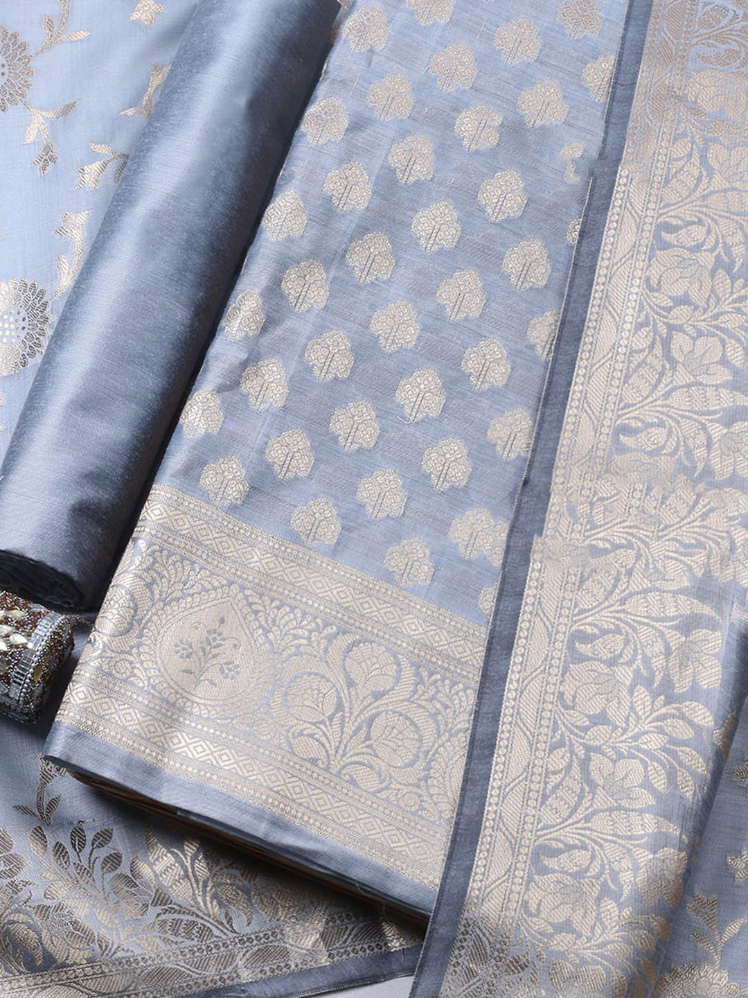 Grey Blue Woven Design Chanderi Unstitched Dress Material