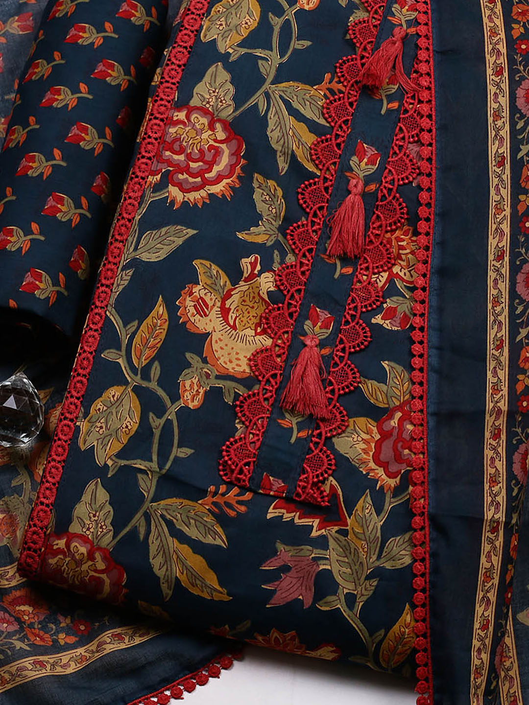 Embroidered Cotton Blend Unstitched Suit With Pant &amp; Dupatta