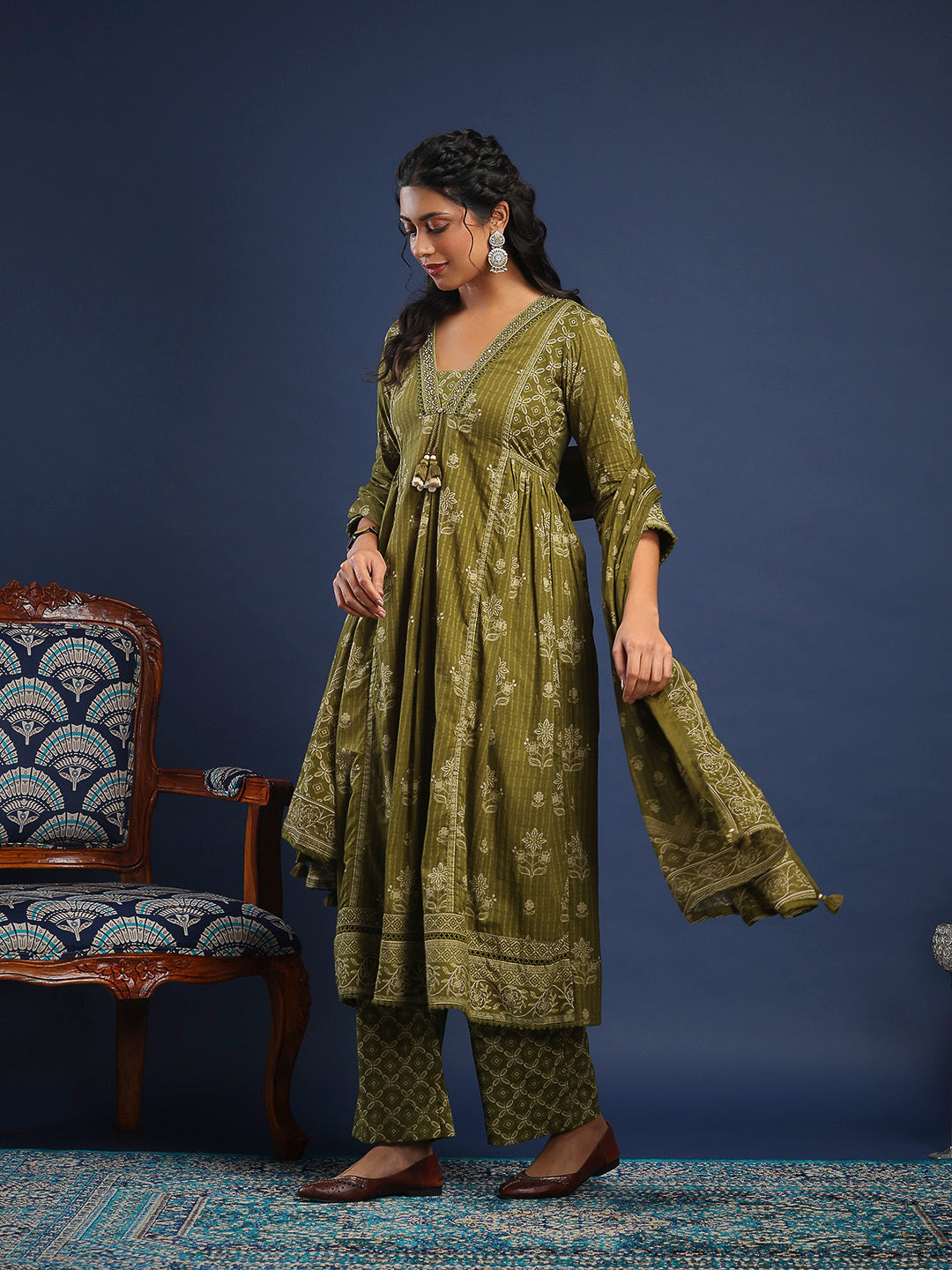 Mehndi Cotton Blend Printed Straight Suit Set