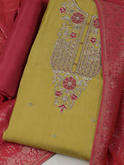 Embroidered Chanderi Mehndi Unstitched Suit With Pant & Dupatta