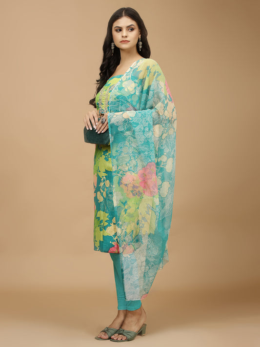 Floral Print Cotton Unstitched Suit With Dupatta