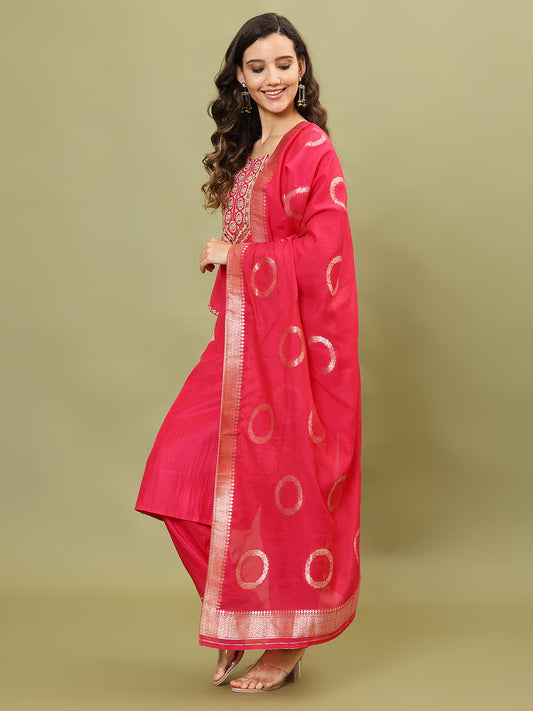 Neck Embroidery Cotton Blend Kurta With Pants & Dupatta