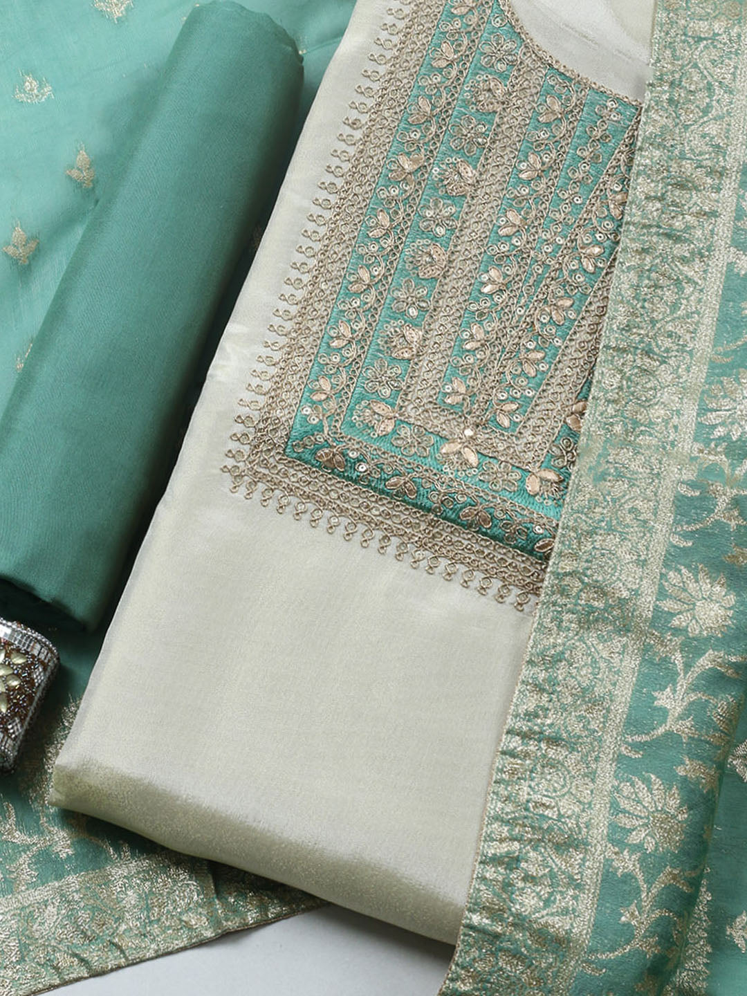 Embroidered Tissue Unstitched Suit With Pant &amp; Dupatta