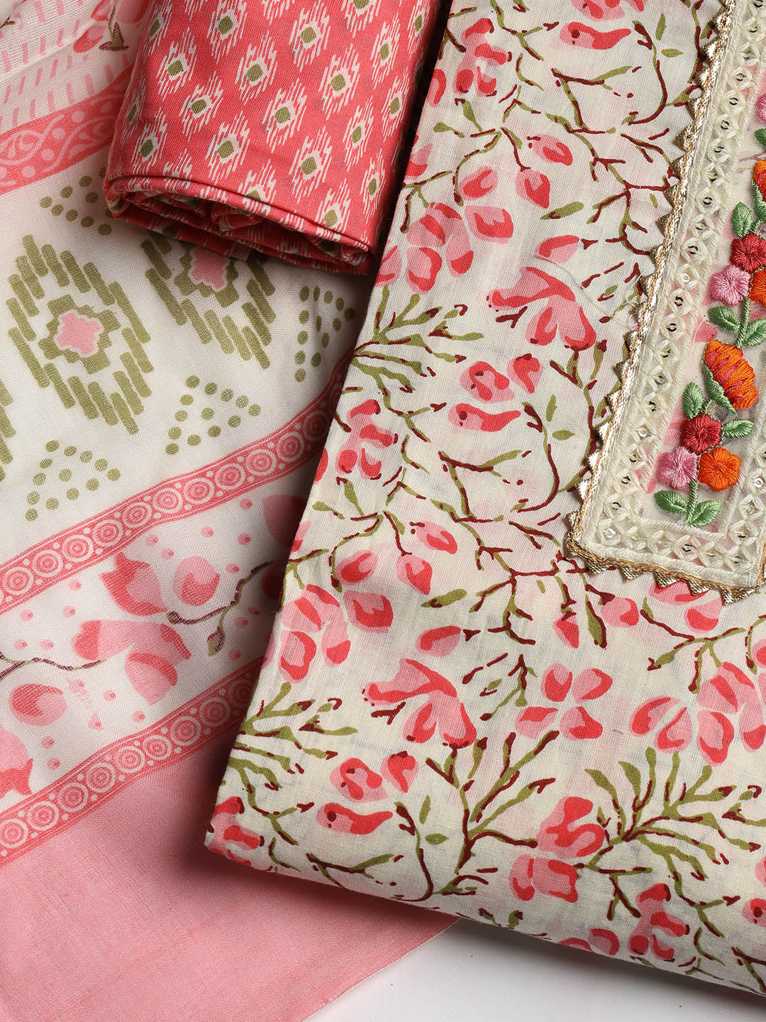 Printed Cotton Blend Unstitched Suit With Dupatta