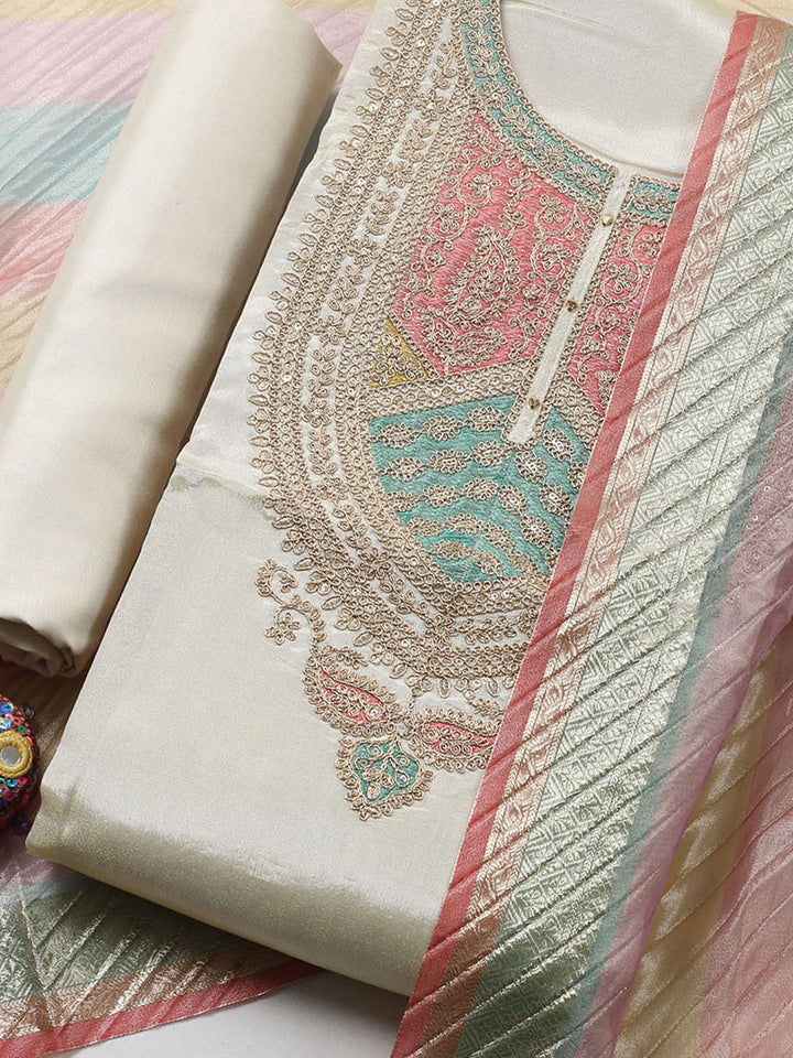 Embroidered Tissue Unstitched Suit With Pant &amp; Dupatta
