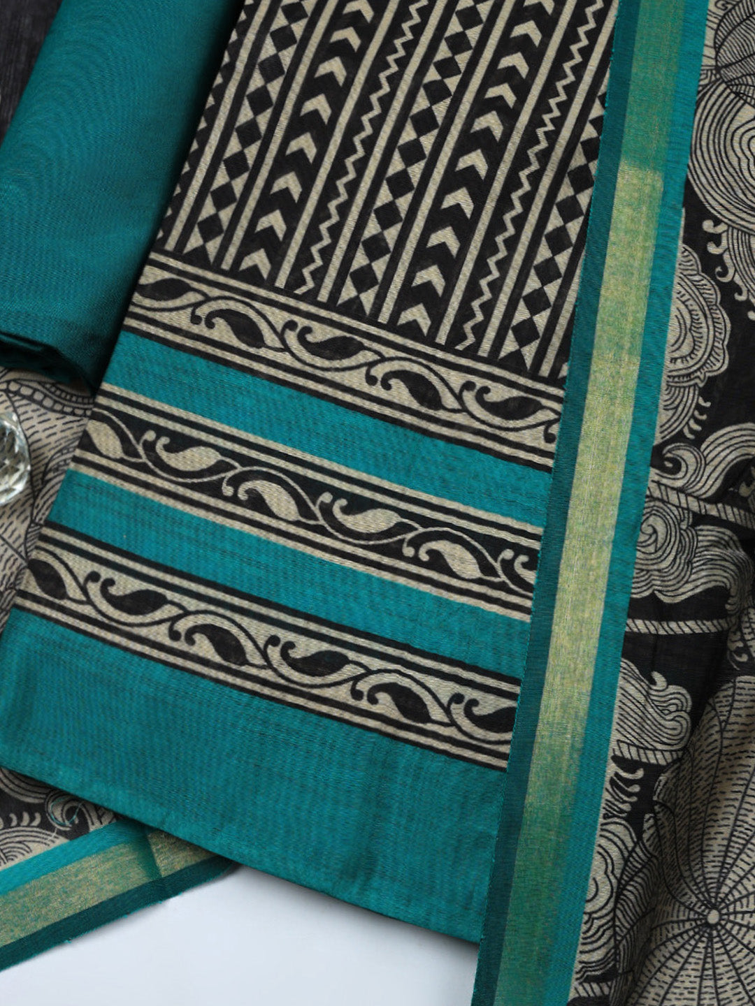 Printed Chanderi Unstitched Suit With Pant &amp; Dupatta