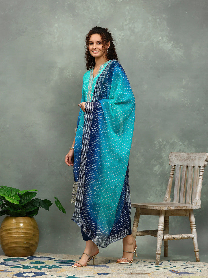 Bandhani Printed Crepe Kurta With Pants &amp; Dupatta
