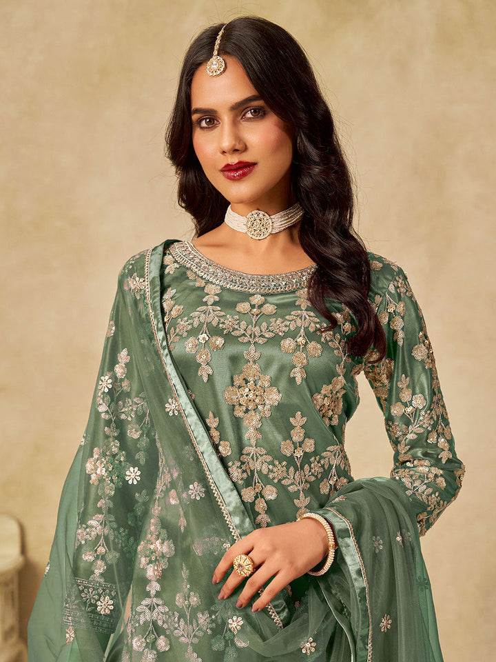Embroidered Net  Semi Stitched Kurta With Sharara &amp; Dupatta