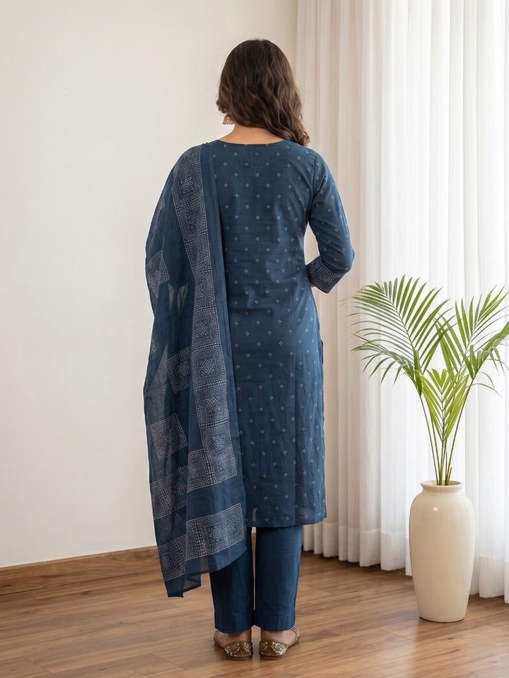 Blue Printed Cotton Blend Kurta With Pant &amp; Dupatta