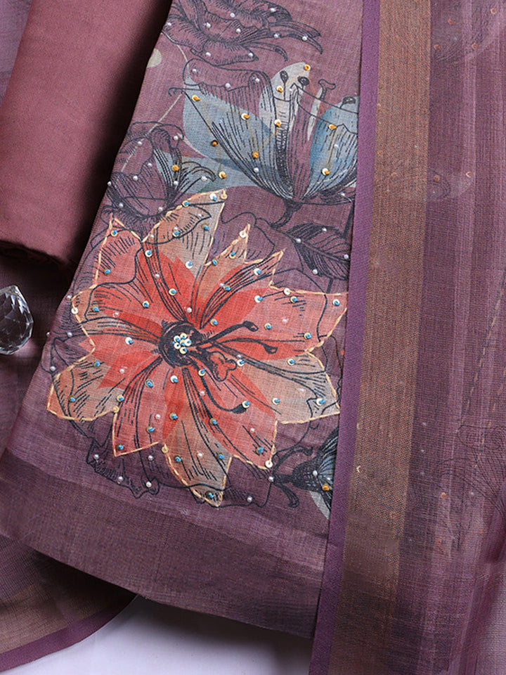 Printed Linen Blend Unstitched Suit With Pant &amp; Dupatta