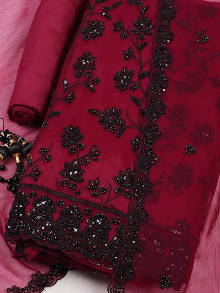 Embroidered Organza Unstitched Suit With Pant &amp; Dupatta