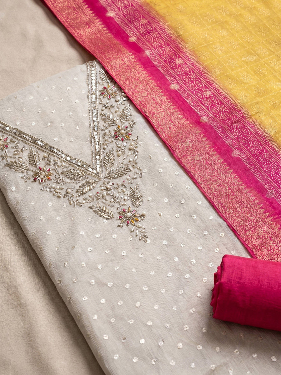 Neck Embroidered Chanderi Unstitched Suit With Dupatta