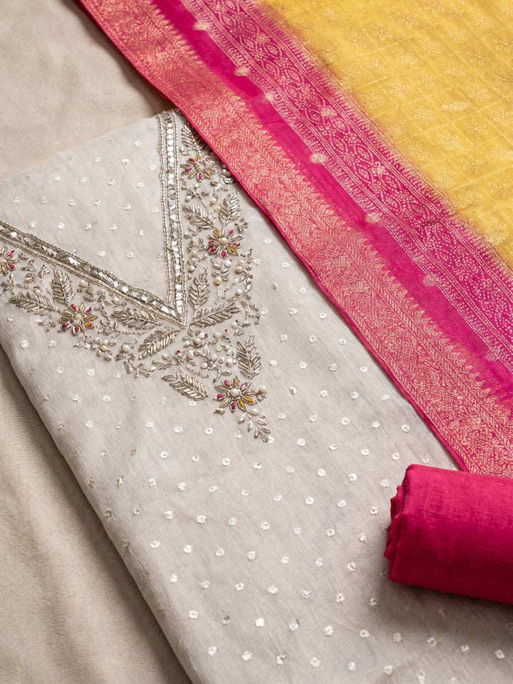 Neck Embroidered Chanderi Unstitched Suit With Dupatta
