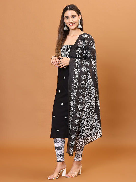 Neck Embroidered Cotton Unstitched Suit Piece With Printed Dupatta