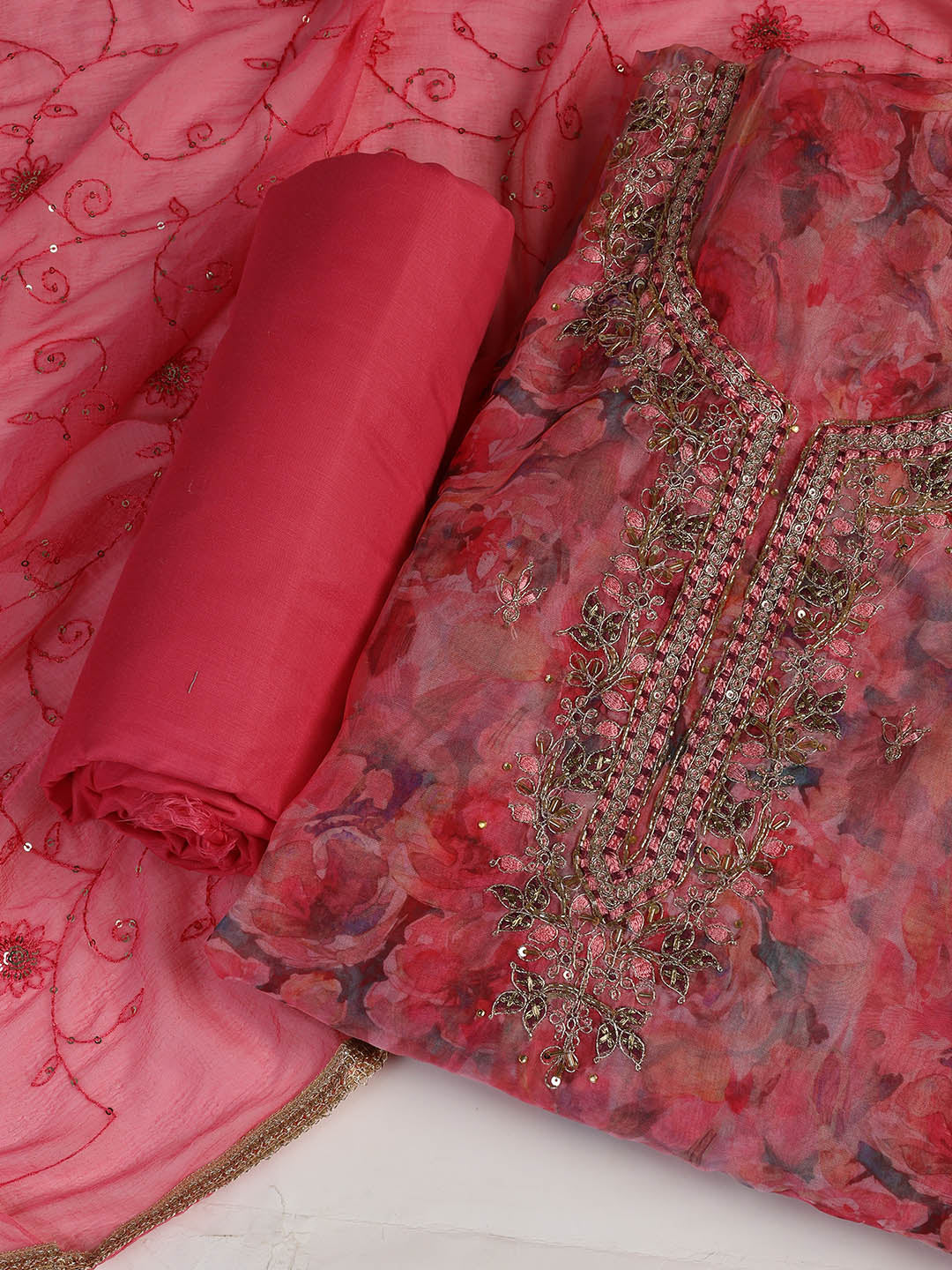 Neck Embroidered Organza Unstitched Suit With Dupatta