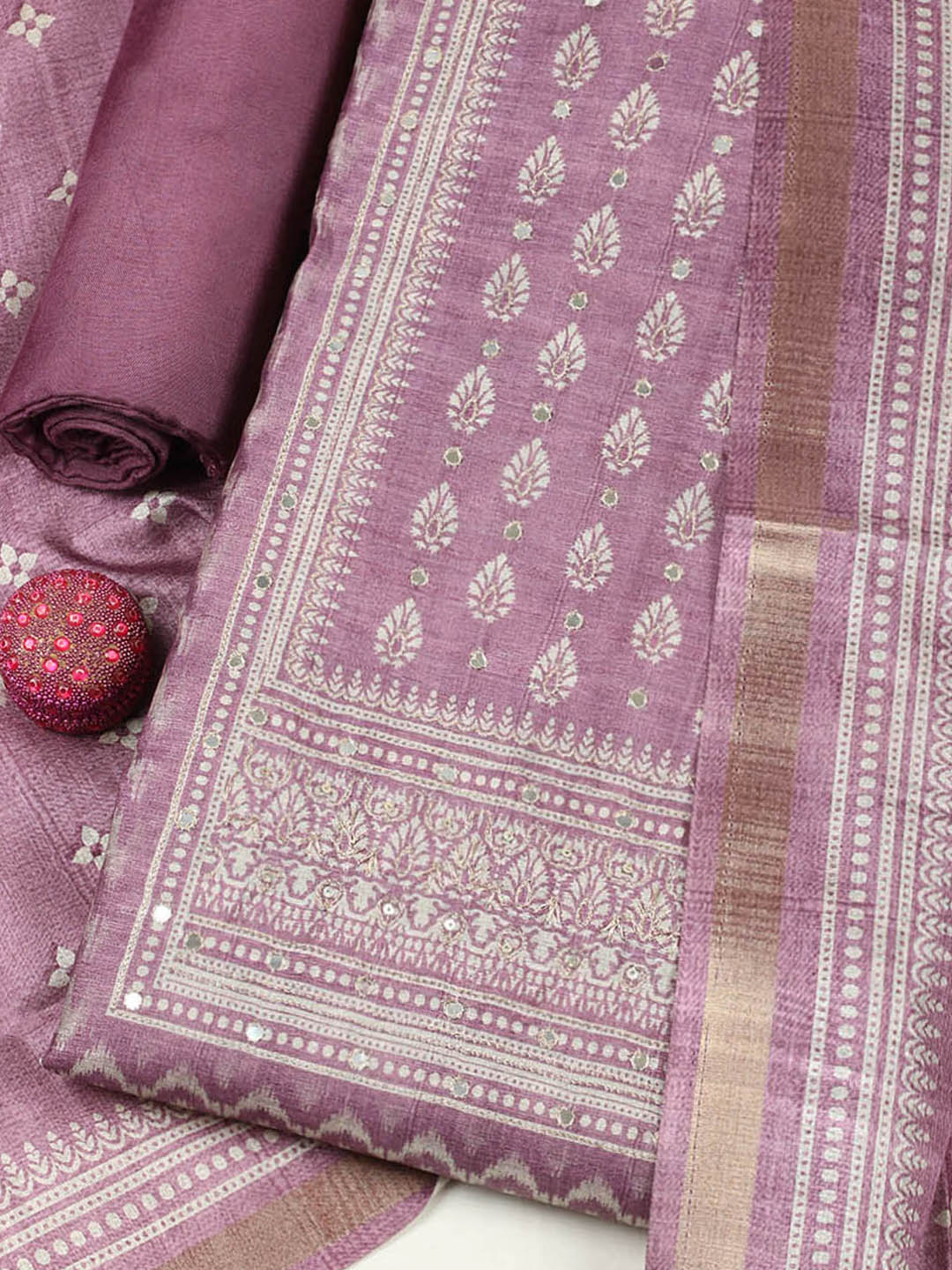 Embroidered Chanderi Unstitched Suit With Pant &amp; Dupatta