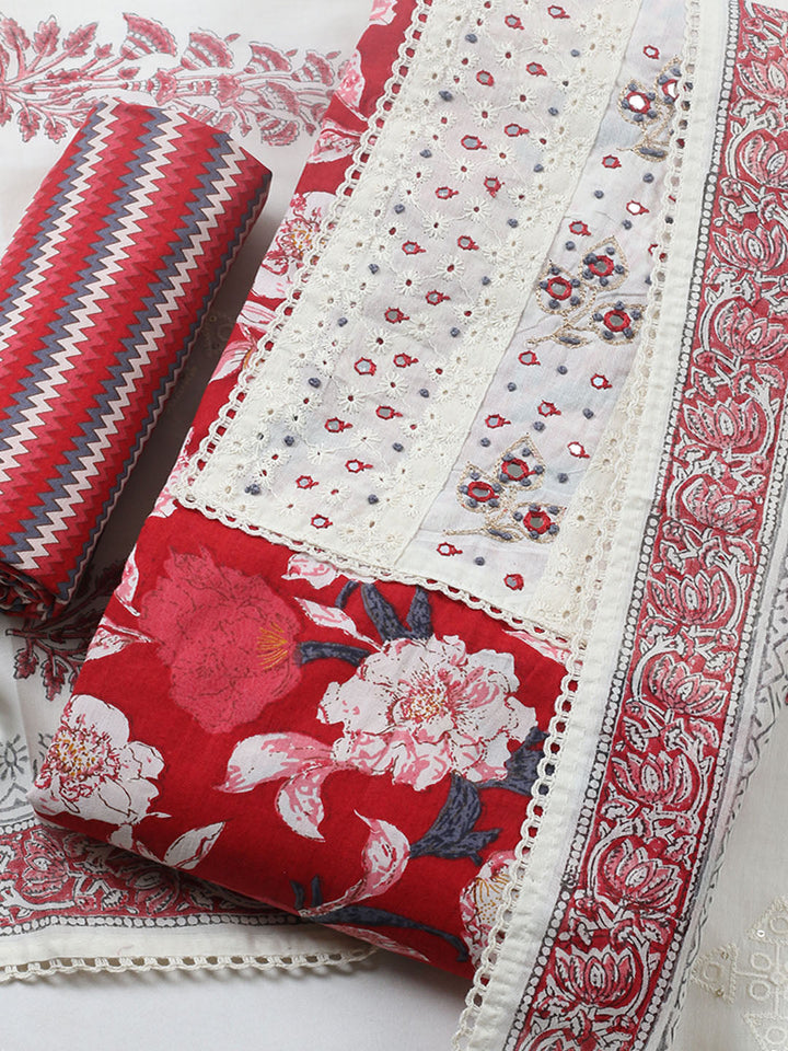 Embroidered Cotton Blend Unstitched Suit With Pant &amp; Dupatta