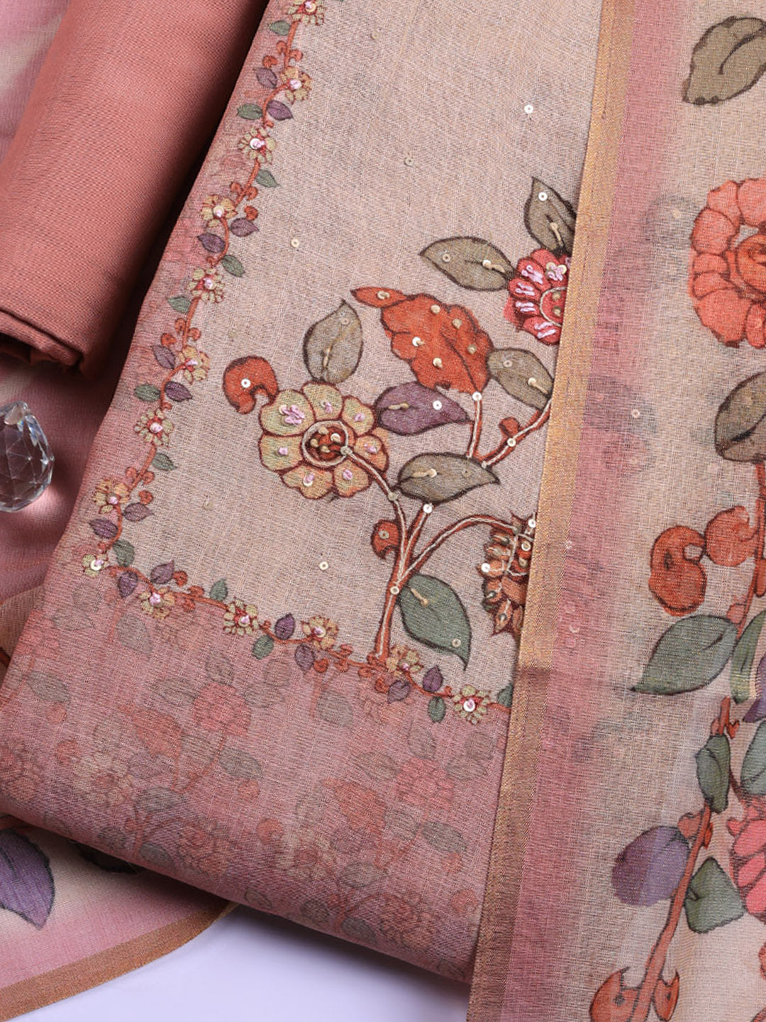 Printed Linen Blend Unstitched Suit With Pant &amp; Dupatta