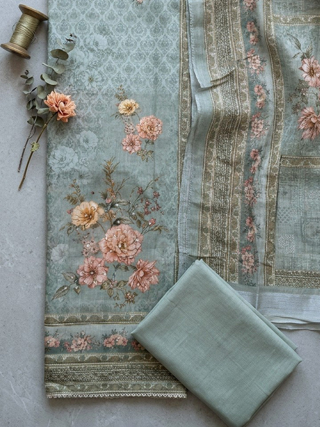 Printed Linen Blend Unstitched Suit With Pant &amp; Dupatta