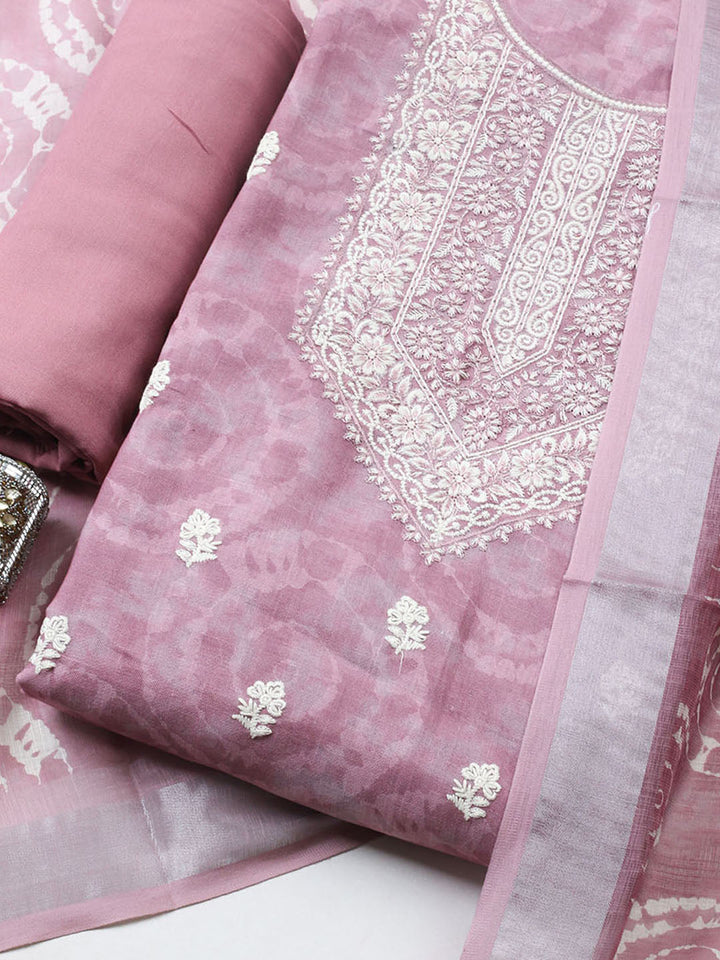 Embroidered Linen Blend Unstitched Suit With Pant Dupatta