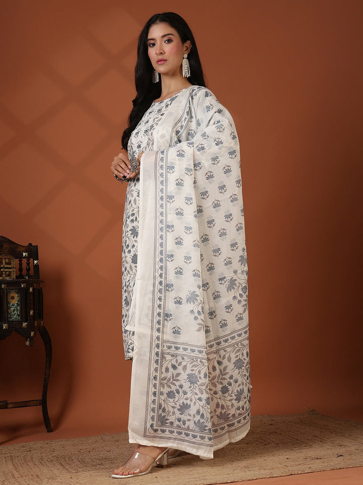 Printed Cotton Blend Kurta With Pant &amp; Dupatta