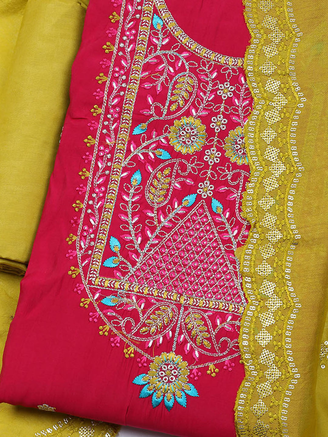 Embroidered Chanderi Unstitched Suit With Dupatta