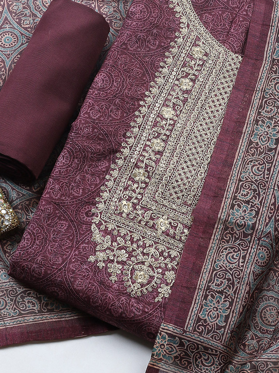 Embroidered Cotton Blend Unstitched Suit With Pant &amp; Dupatta