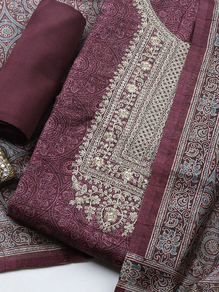Embroidered Cotton Blend Unstitched Suit With Pant &amp; Dupatta