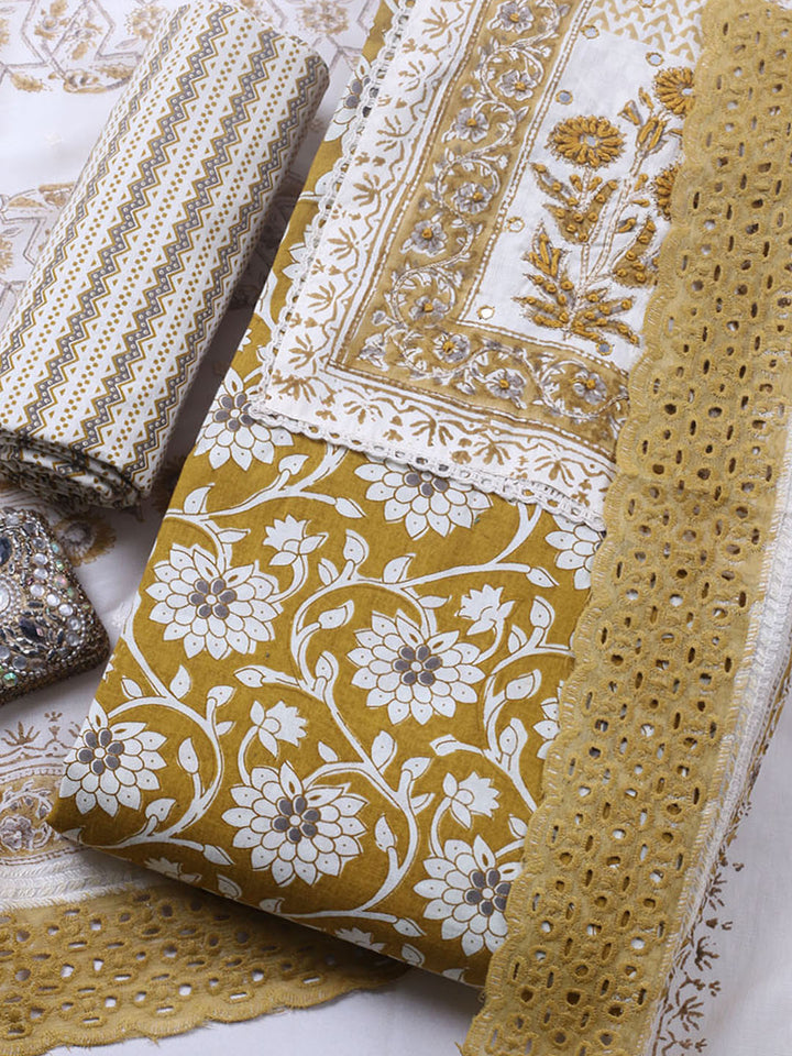 Embroidered Cotton Blend Unstitched Suit With Pant &amp; Dupatta