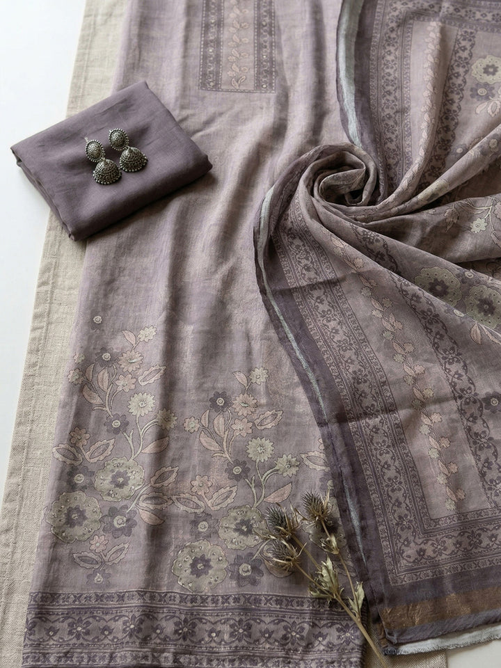 Embroidered Linen Blend Unstitched Suit With Pant &amp; Dupatta