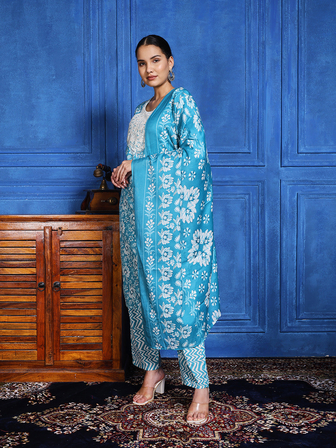 Printed Cotton Blend Kurta With Pants & Dupatta