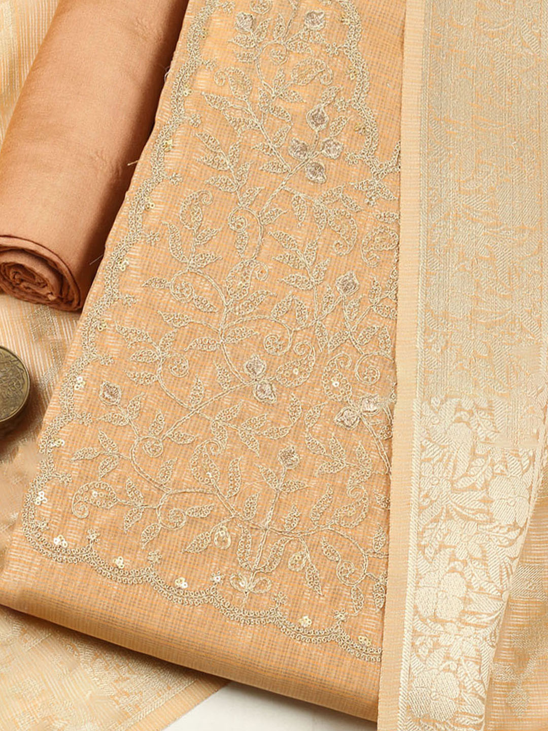 Embroidered Tissue Unstitched Suit With Pant &amp; Dupatta