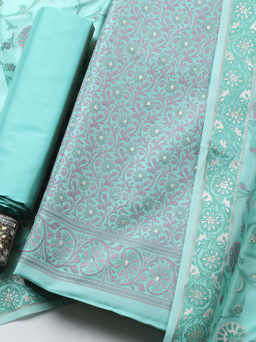 Banarasi Chanderi Unstitched Suit With Pant &amp; Dupatta