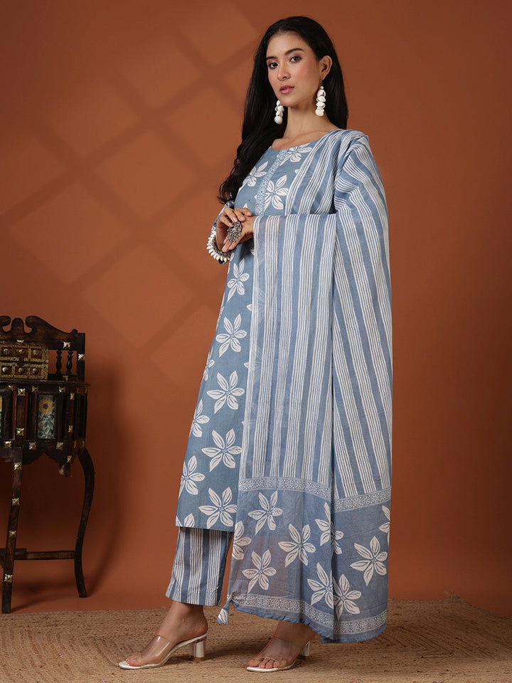 Printed Cotton Blend Kurta With Pant &amp; Dupatta